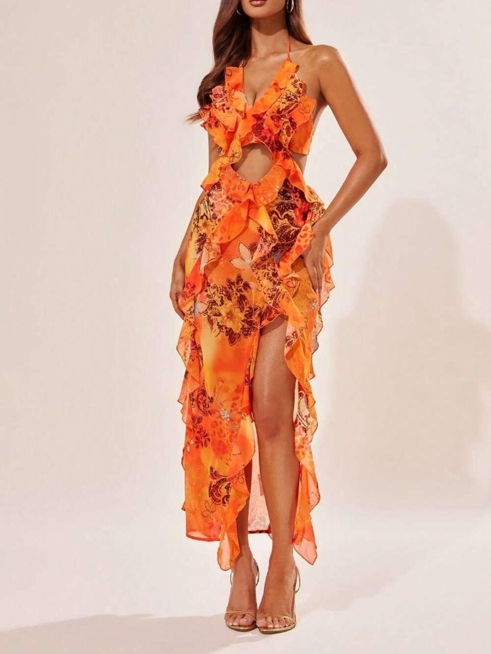 Multicolor Boho Women's Tropical Chiffon Dress High Slit Spaghetti Straps dress - Picture 5 of 7